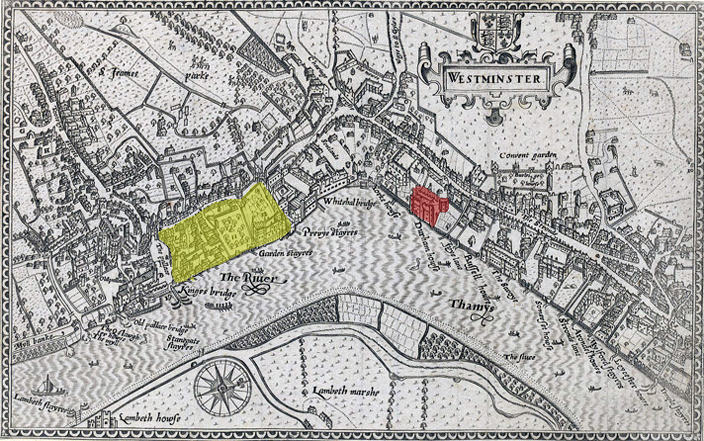 A sixteenth-century map showing the area of Westminster in London, where Hatfield built his townhouse (indicated in red). The king's main residence, Westminster Palace, would have been located in the area shaded yellow. (The map was produced by Norden in 1593).